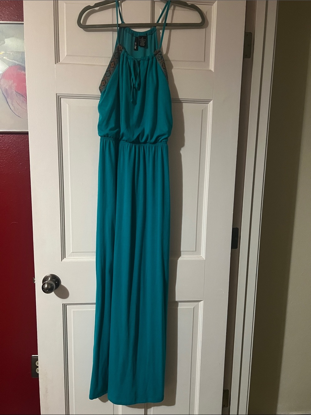 Ultra Flirt Teal Halter-Style Maxi Dress with Tie Neck